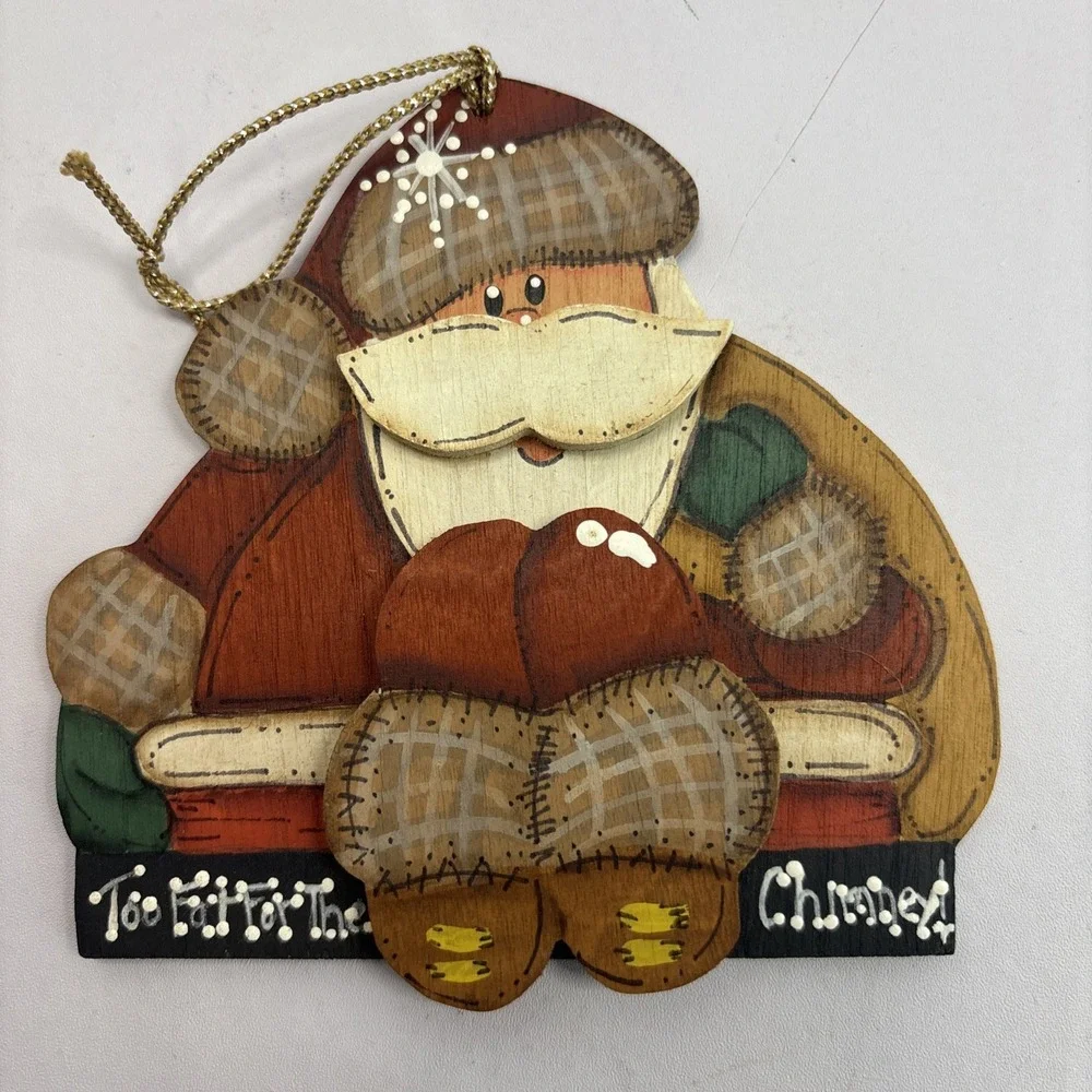 Two‎ Rustic Primitive Snowman & Fat Santa Claus Handmade Christmas Ornaments